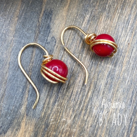 14k gold coral drops earrings/ long dangle coral spheres/wealth and protection - Picture 2 of 5